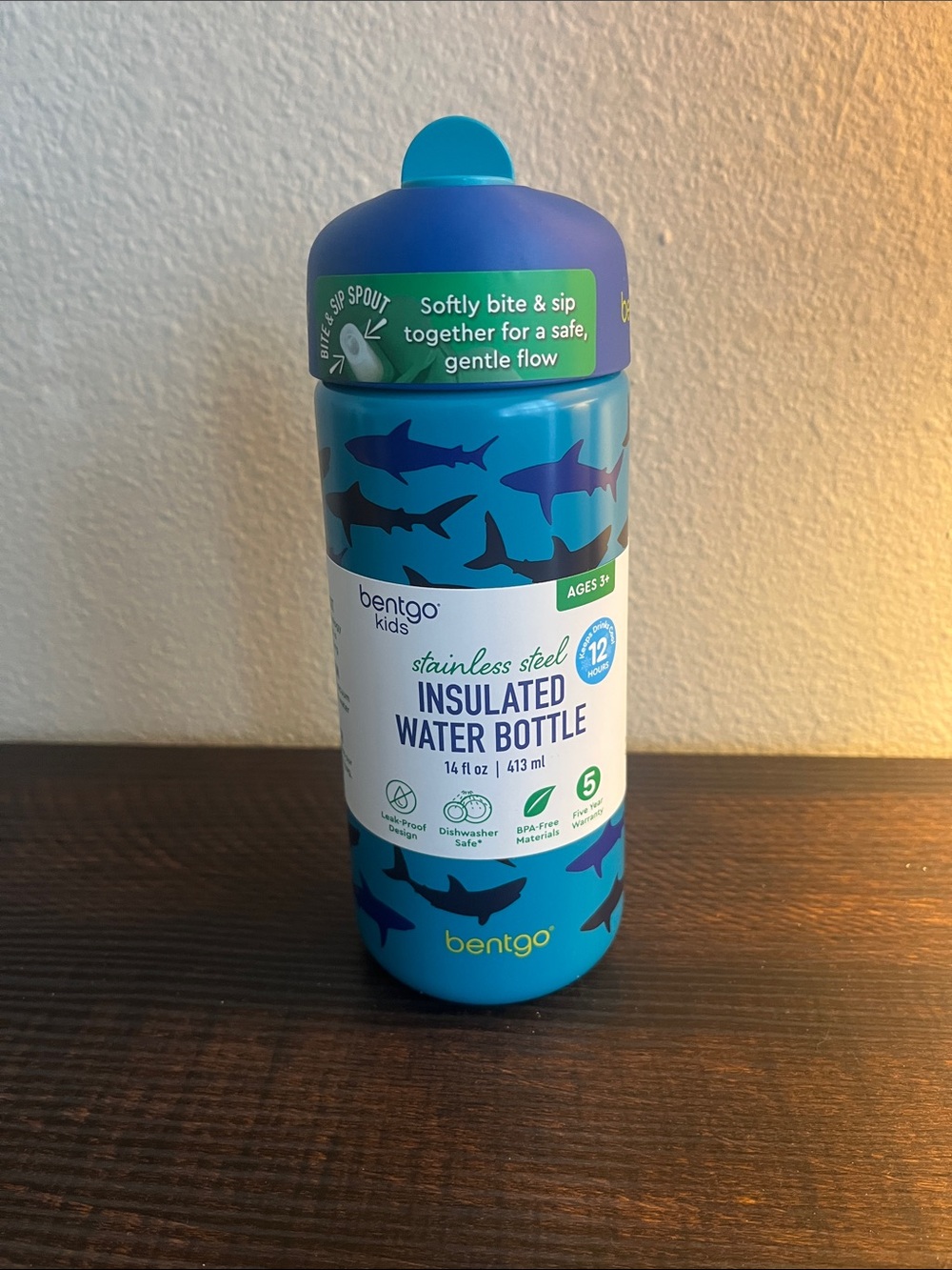 Thermos Kids Insulated Water Bottle - Teal and Dark Blue Shark Print